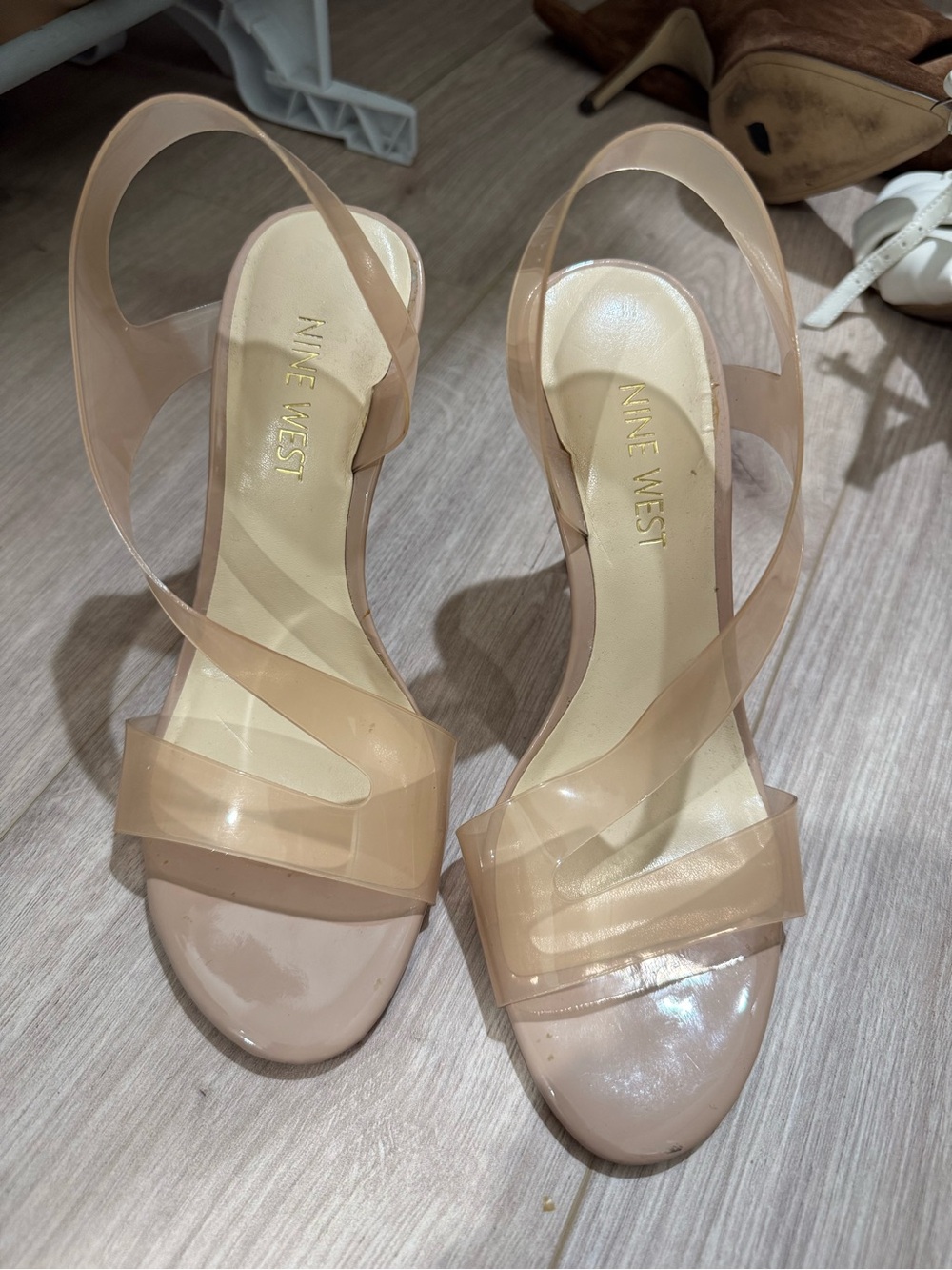 Nine West Beige Clear-Strap Sling Heels